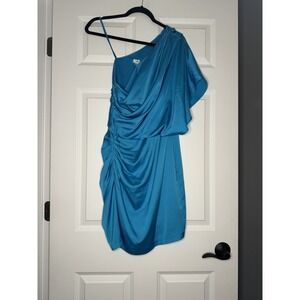 Cache One Shoulder Batwing Sleeve Mini Dress Size 12  Satin Blue Nwt Msrp 159